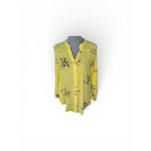 Fig & Flower Top Womens Medium Yellow Floral Embroidered Button Up Blouse Boho
